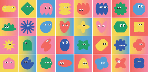 Colorful Emotion Shapes with eyes on colorful gradient background vector minimal Illustration Set