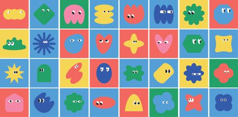 Colorful Emotion Shapes with eyes on colorful background vector minimal Illustration Set