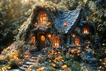 Obraz premium enchanted spring garden oversized luminous flowers fairytale cottages rainbow butterflies magical fountain sunbeams through crystal leaves whimsical topiaries