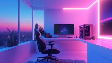 A bright gaming space with a large window, white minimalist desk, and ambient LED lighting surrounding the walls.