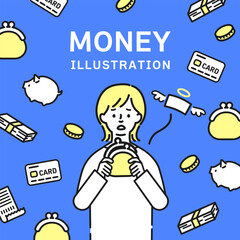がま口財布を持って困っている女性とお金のアイコンセット