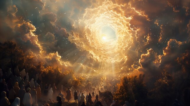 People gathering beneath a swirling sky at sunset during a spiritual event. Crowd watches a stunning sky event.