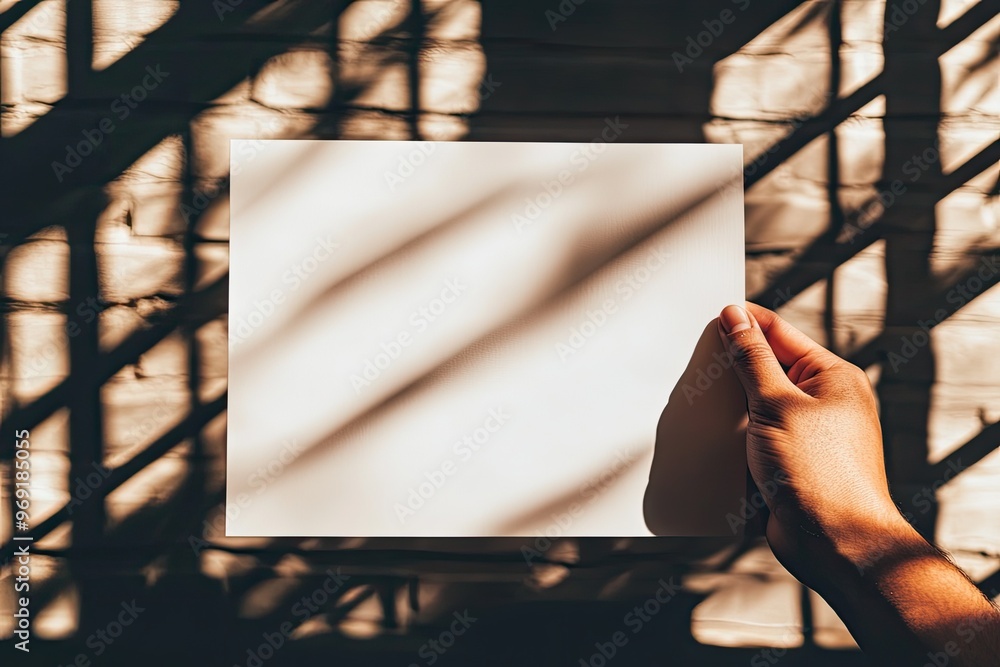 Poster a hand holding a blank paper against a textured background, illuminated by soft shadows, creating a 
