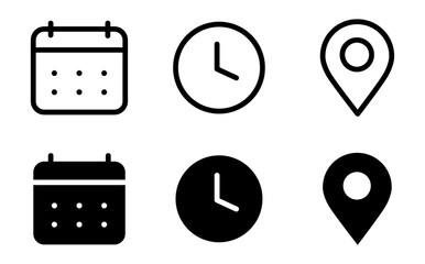 Address time date icons set. Address location icon. Stopwatch timer icon. Date Calendar icon. Black line and flat web icons.