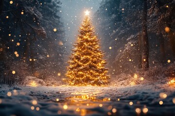 enchanted winter forest majestic illuminated christmas tree centerpiece gentle snowfall starry night sky magical ambiance soft blue moonlight fairytale atmosphere