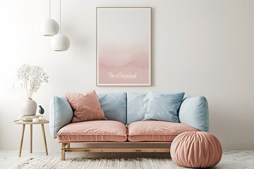 modern living room with watercolor art decor, pastel themes, minimalist