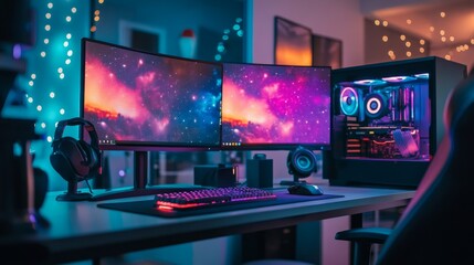 A competitive gaming setup with a mechanical keyboard, professional mouse, and a dual-screen display.