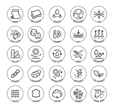 Set icons for functional fabric, clothing. The outline icons are well scalable and editable. Contrasting vector elements are good for different backgrounds. EPS10.