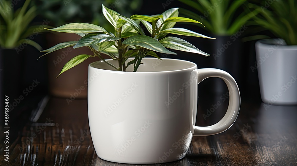 Poster front view of white desk with coffee mug and house plant. workspace