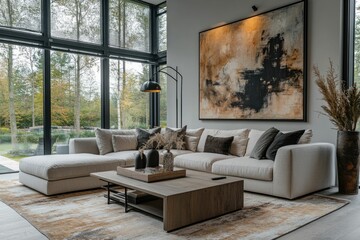 Obraz premium Modern living room with a cozy sofa, coffee table, and large windows.