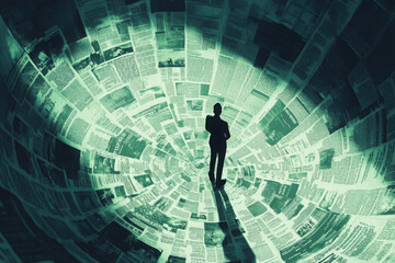 Silhouette of a man standing in a tunnel of newspapers, symbolizing information overload, media influence, and digital news consumption