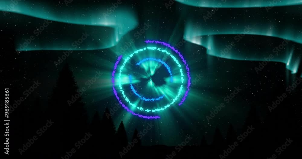 Poster animation of spinning circles and glowing light trails moving over black background