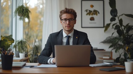A young businessman on a video call, sitting at a contemporary desk with a laptop and business attire, engaged in a virtual meeting.