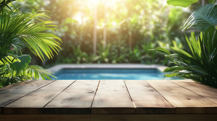 Close up of wooden table with blurred background of lush green garden and swimming pool
