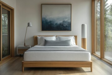 Modern bedroom with a minimalist design and large windows.