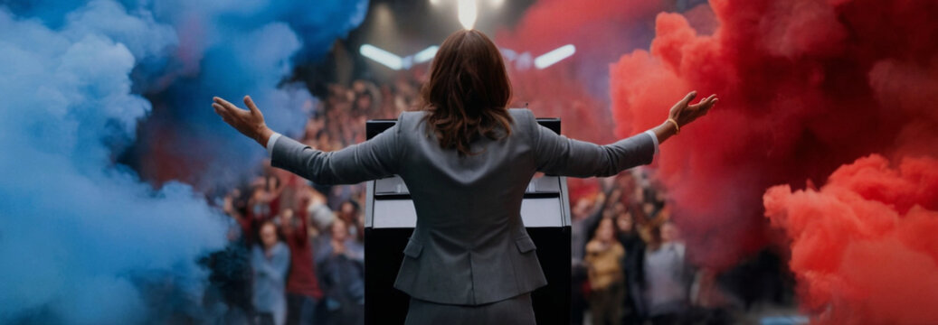 Fictional female political leader in USA stands at podium with arms outstretched. Red and blue smoke billows on either side symbolizing political unity as large crowd of American people cheers her on