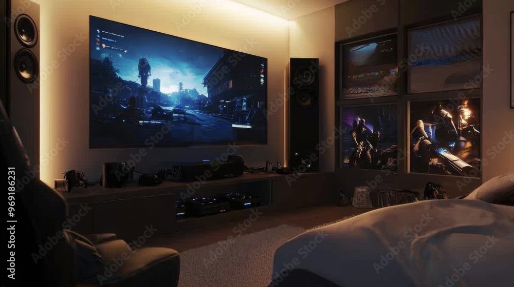 Wall mural a cozy modern gaming setup with a large flat-screen tv, wall-mounted speakers, and a sleek console d