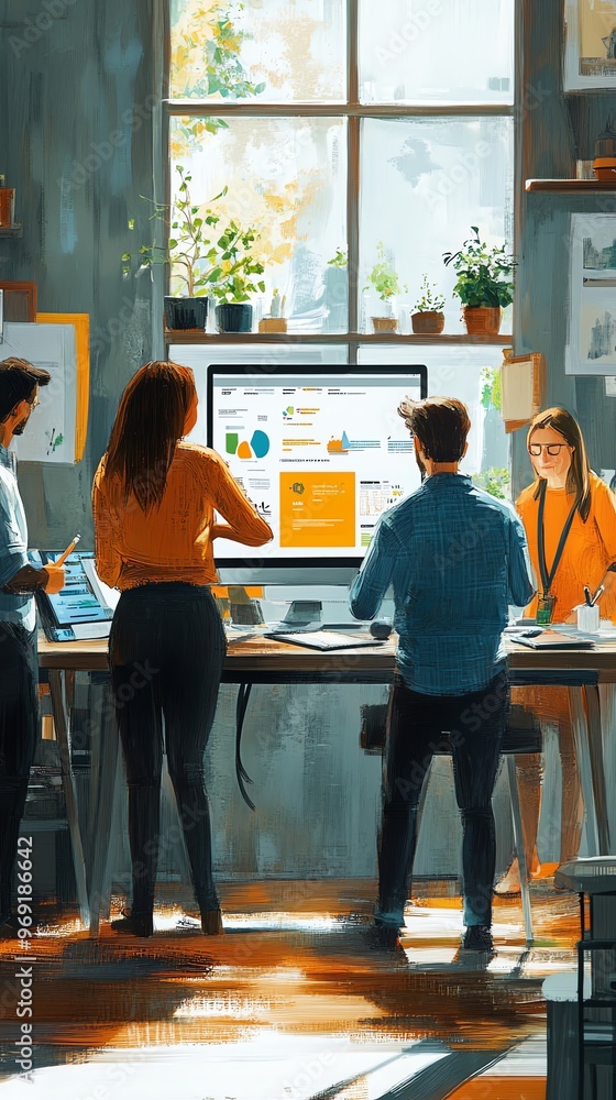 Poster a team of four people working on a project around a large computer screen with financial charts and 