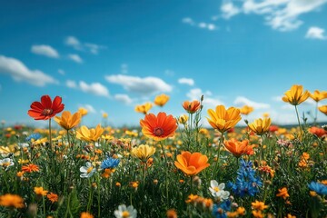 Naklejka premium enchanting spring meadow bursting with vibrant wildflowers lush green grass swaying in gentle breeze crystal clear blue sky with wispy clouds sunlight dappling through scene