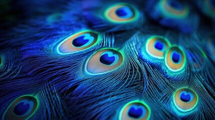 Obraz premium A creative shot of peacock feathers fanned out in an abstract pattern, highlighting the deep blues and vibrant greens.