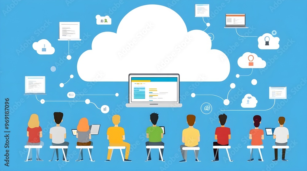 Poster digital teamwork in cloud computing with abstract people and devices, showcasing collaboration and t