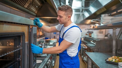 Maintenance worker adjusting settings on a commercial oven in a busy kitchen