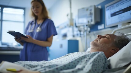 Obraz premium A man is lying in a hospital bed with a nurse standing next to him.