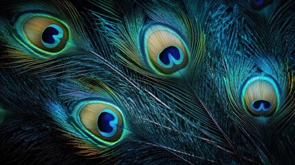 Fototapeta premium A creative shot of peacock feathers fanned out in an abstract pattern, highlighting the deep blues and vibrant greens.