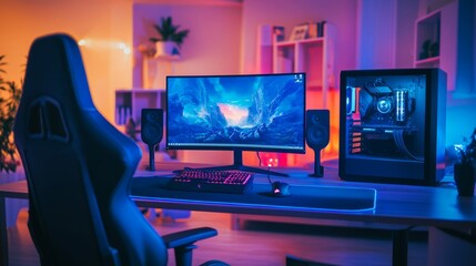 Naklejka premium A dual-monitor gaming setup with a colorful gaming chair, LED strips, and high-end audio speakers.
