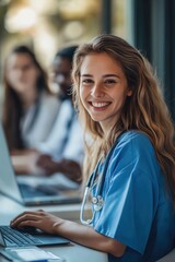 A woman in a blue scrubs is smiling and typing on a laptop. She is a doctor and is working on a computer