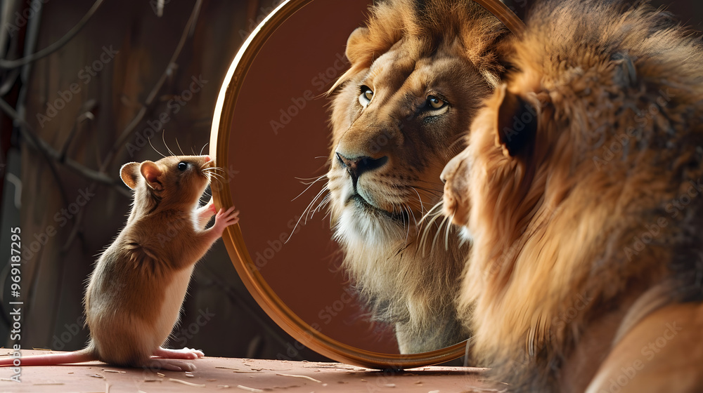 Poster mouse in front of the mirror with reflection of lion. 