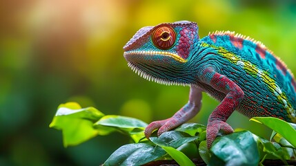 Fototapeta premium A colorful chameleon hides among the green leaves of a tropical rainforest.