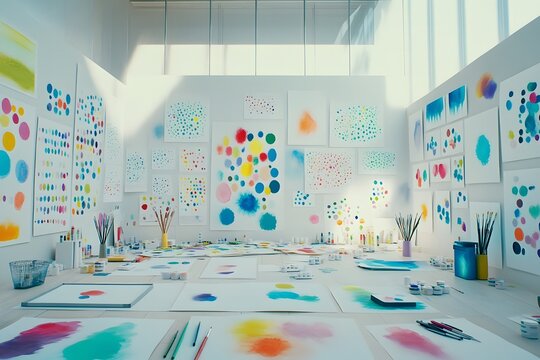 An array of colorful dots paintings