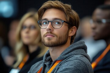 Obraz premium engaging startup presentation diverse group listens intently to passionate entrepreneur at bustling trade show dynamic speaker captivates audience with innovative ideas