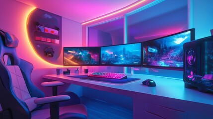 A futuristic gaming setup with three monitors, a colorful keyboard, a glowing mouse, and an ergonomic chair.