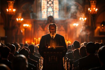 Obraz premium A solemn gathering in a historical church with a bearded speaker addressing a captivated audience during an evening ceremony