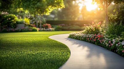 Obraz premium Bright suburban backyard, lush green lawn, manicured garden, landscaped flower beds, concrete pathway, sunset lighting, vibrant colors, architectural elements.