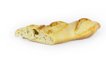 Closeup of a sliced French baguette with a crispy crust and airy texture isolated on a white background. With clipping path. Copy space.