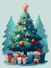 A Christmas tree with many ornaments and a star on top. The tree is surrounded by boxes and presents, giving the impression of a festive and joyful scene