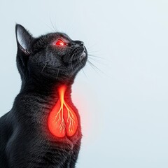 Cat's glowing red chest with tendons showing, symbolizing respiratory pain, cat chest, red glow, painful breathing depiction