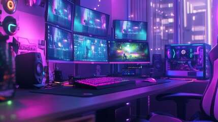 Fototapeta premium A gaming desk with multiple monitors showing a live stream, surrounded by vibrant gaming peripherals.