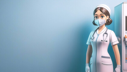 A cheerful cartoon nurse stands ready to assist, showcasing professionalism and care in a bright, clean environment.
