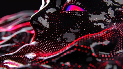 3D glitched neon design, dark background with blurry motion particles around.