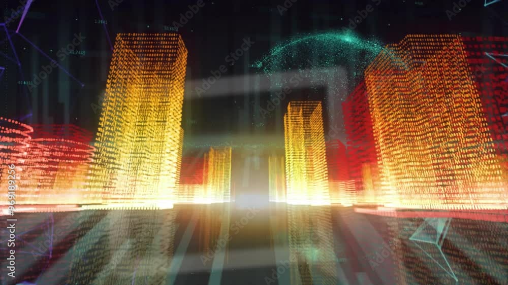 Poster animation of digital data processing over globe and city on dark background