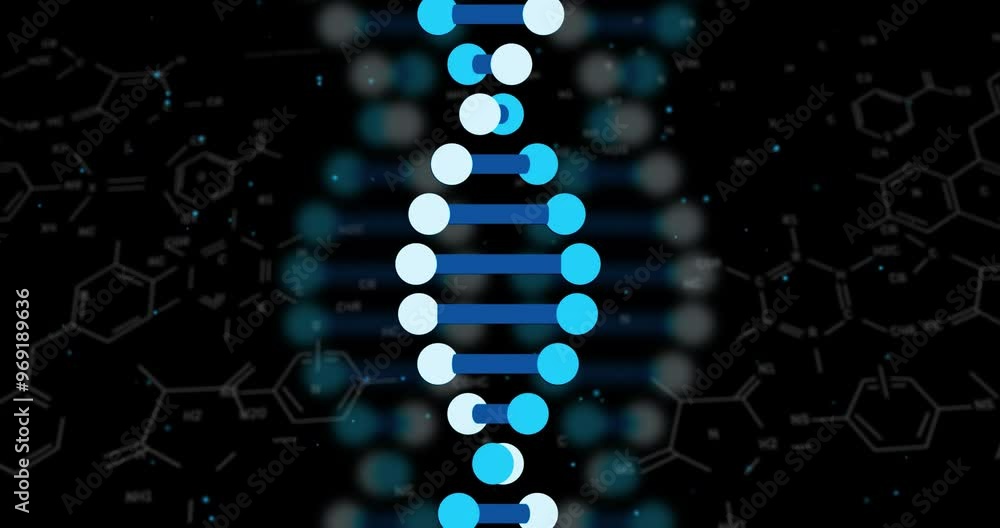 Aufkleber animation of digital data processing over dna strand spinning on black background