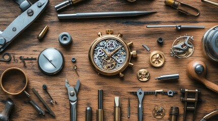 A watchmaker's workbench with tools, a watch, and watch parts.