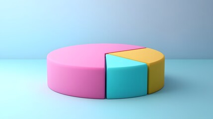 Obraz premium Colorful 3D pie chart, vibrant pastel colors, blue, pink, yellow, green segments, abstract data visualization, minimalist design, soft gradient background, clean aesthetic.