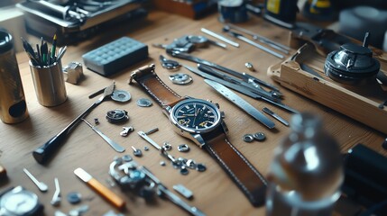 A watchmaker's workbench with tools and a disassembled watch.