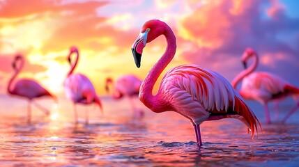 Fototapeta premium Pink flamingos wade through shimmering sunset waters, painting the scene with grace.