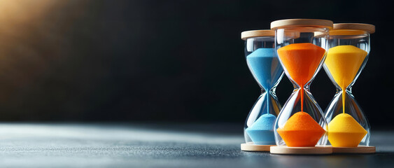 Multiple hourglasses representing different stages of life, symbolizing longterm financial planning, timebased investment strategies, wealth accumulation
